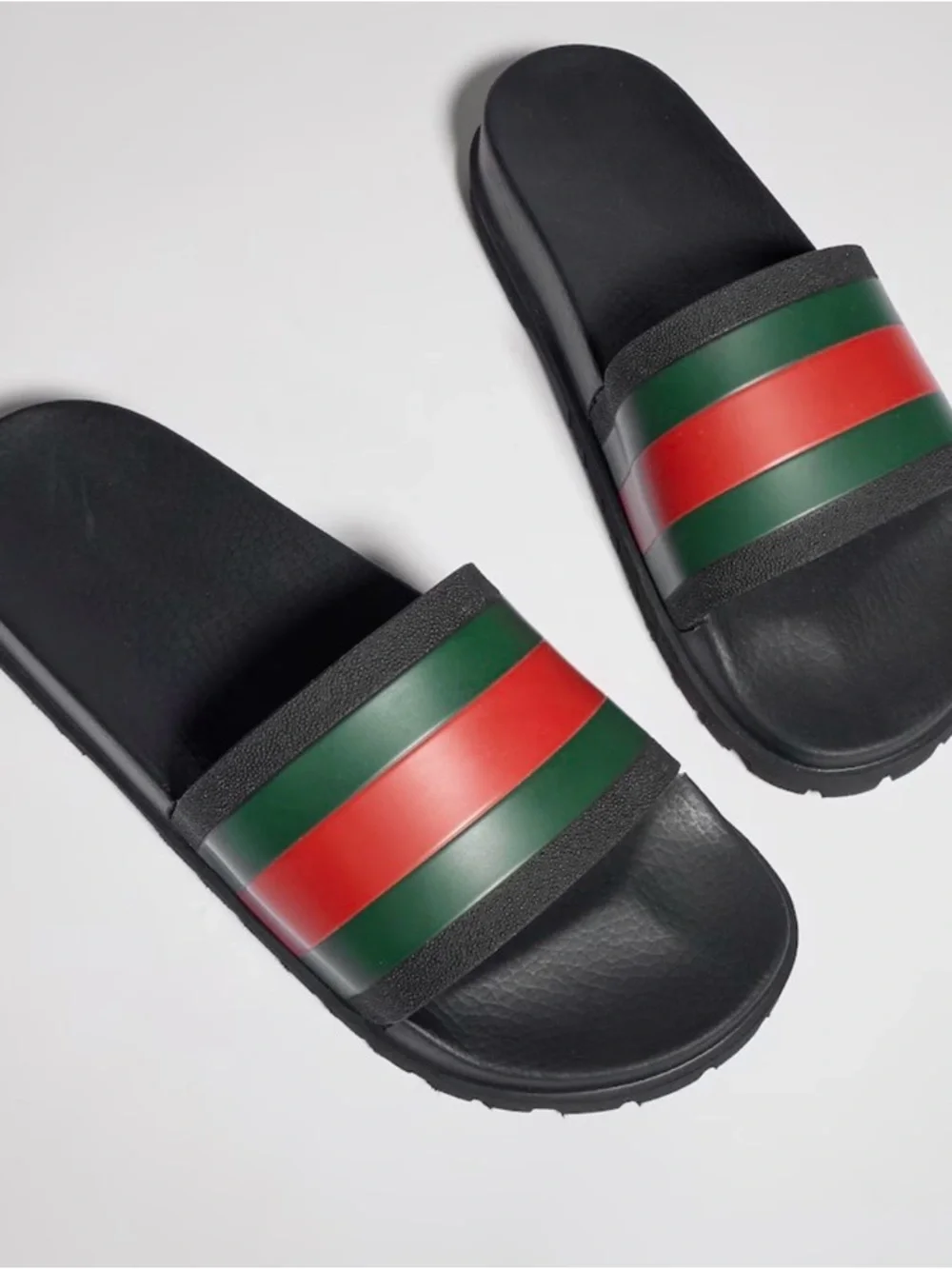 Black Slide Sandals with Green and Red Stripes
